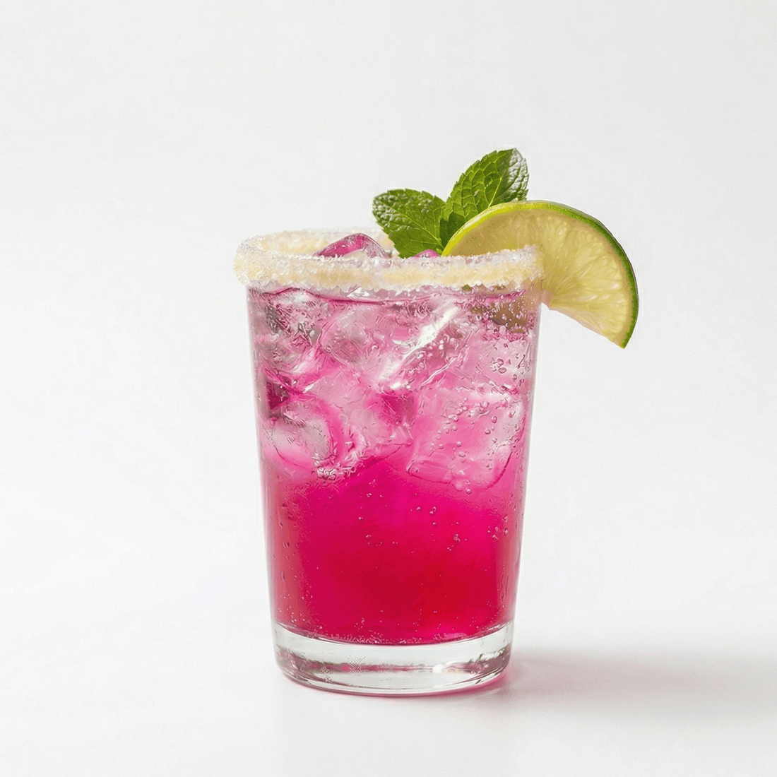 Vibrant neon-pink Island Dragon Fruit Dream cocktail with Malibu Rum, served in a clear glass with a toasted coconut sugar rim, lime wheel, and fresh mint garnish.