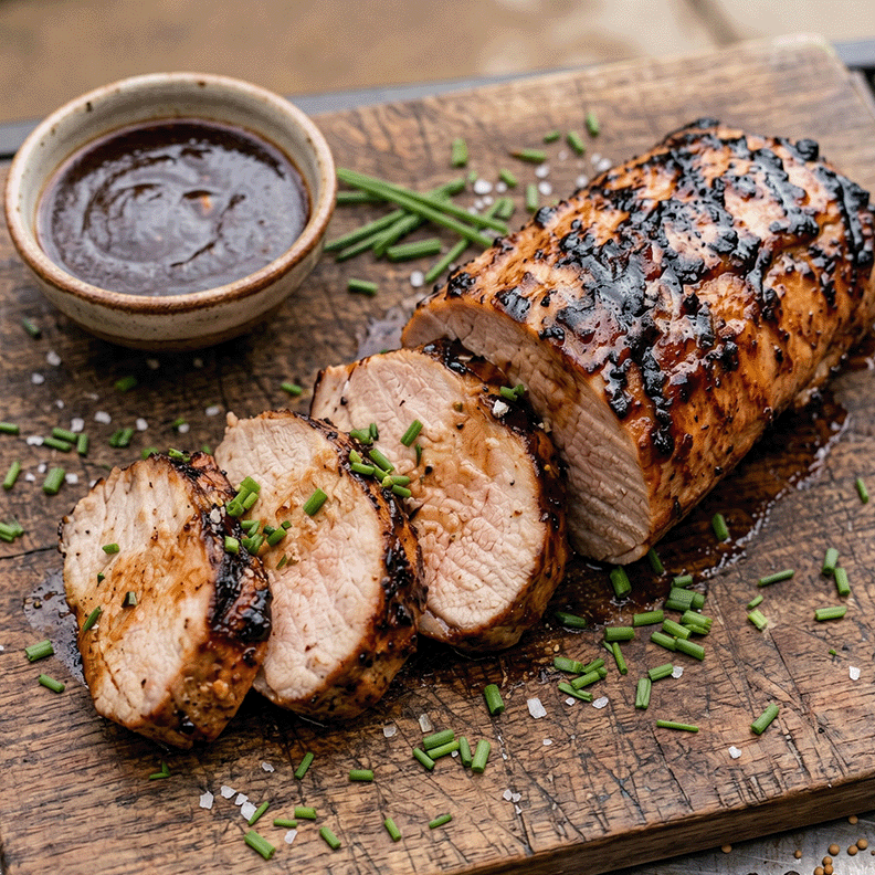 Close-up of sliced Asian Bumper Crop BBQ Pork Tenderloin on a white serving plate, showing a mahogany glaze and juicy pink center.