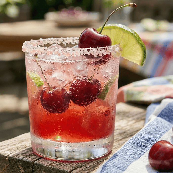A vibrant red Cherry Lime Spritz Margarita in a glass with a salted rim, garnished with a fresh lime wheel and a maraschino cherry on a clean, bright background.