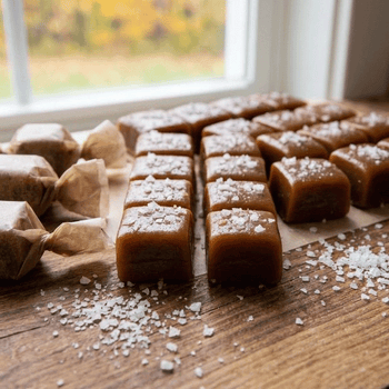 Freshly sliced creamy salted bourbon caramels garnished with flaky sea salt and twist-wrapped in wax paper on a wooden cutting board.