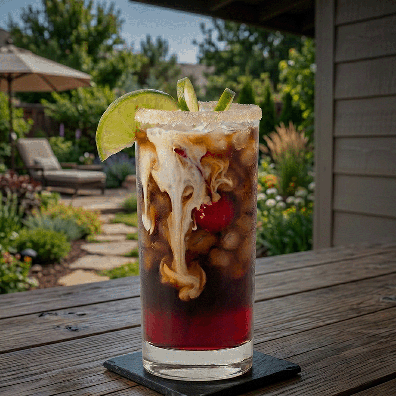 Dirty Cherry Lime Dr Pepper (with Coconut Cream) with lime wedge