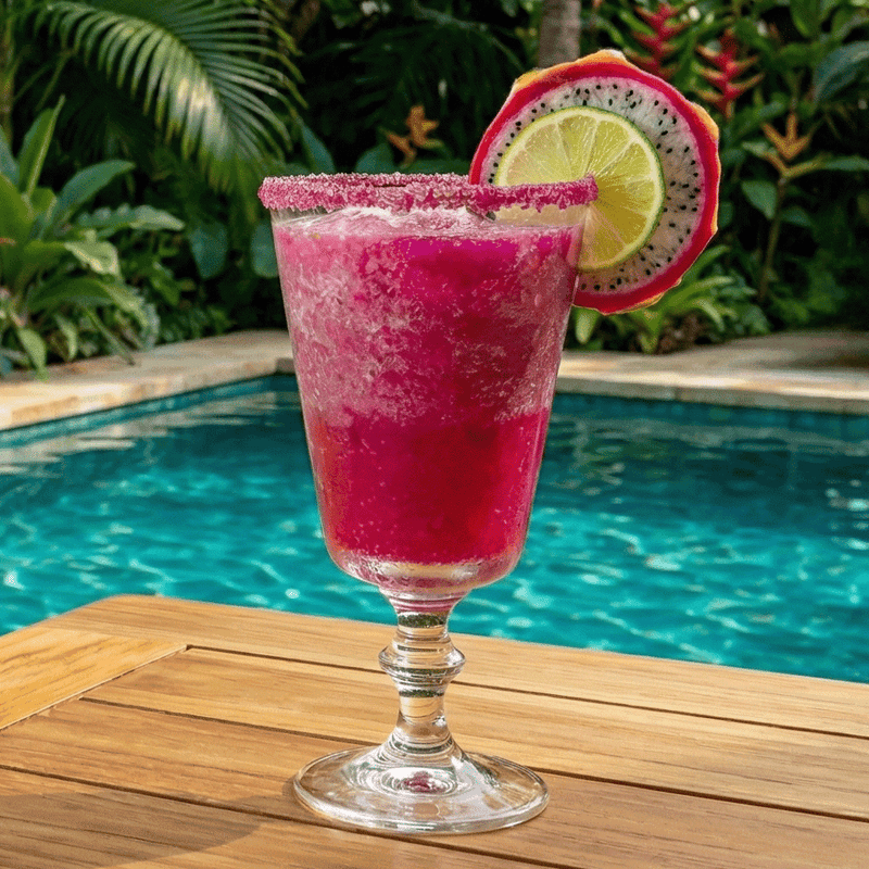 A professional high-resolution shot of a blended Honey Lime Dragon Fruit Sparkler, showcasing a thick, frosty slushie texture and vibrant neon pink color, served in a minimalist glass with a Dragon Fruit Sugar rim on a background of a swimming pool