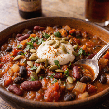 A detailed, close-up photograph of a dark ceramic bowl filled with a hearty bean chili, garnished with a central dollop of sour cream, pumpkin seeds (pepitas), fresh parsley, and a dusting of chili powder. A vintage silver spoon is resting in the bowl on 