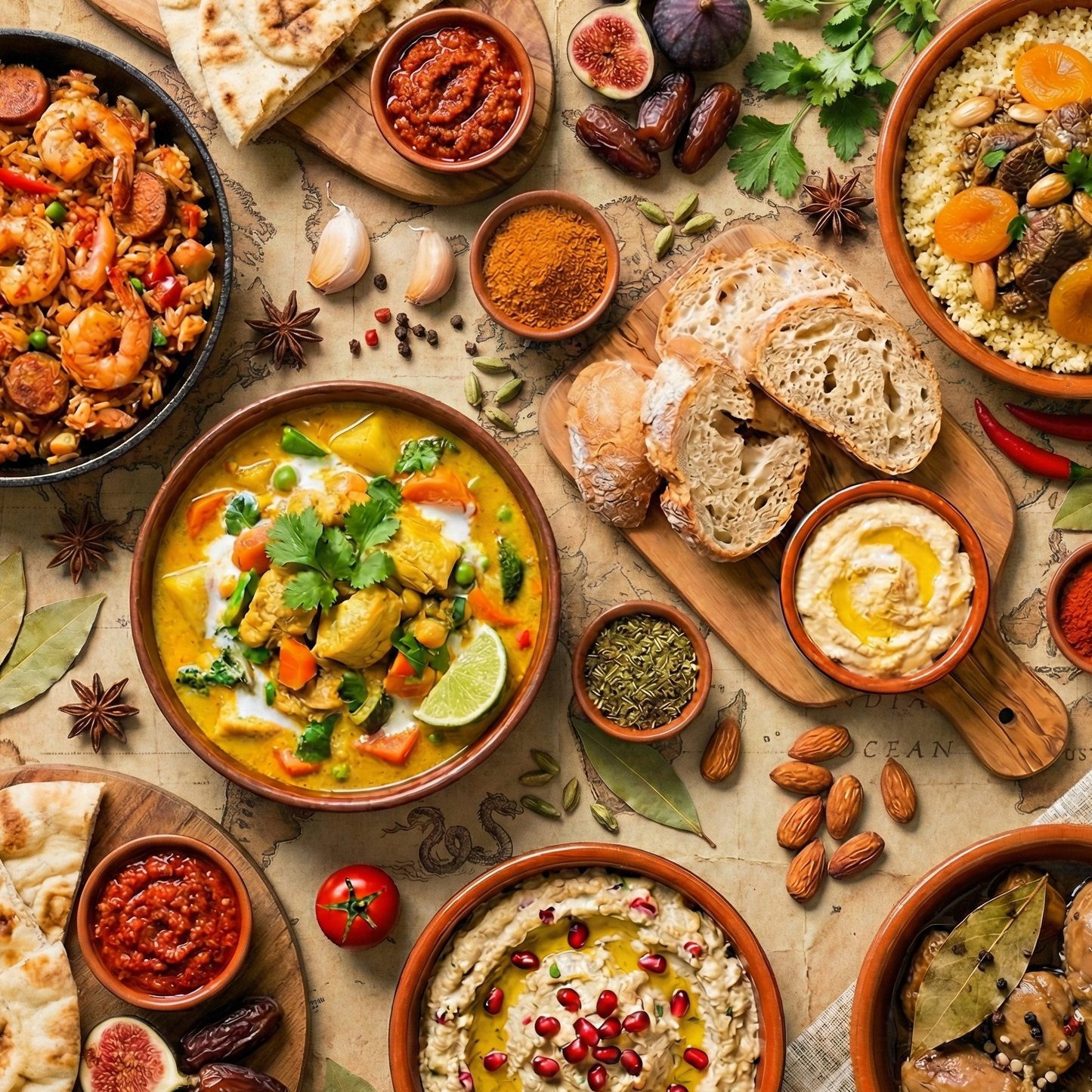 Vibrant display of colorful curry powder, paprika, and international spices in a market setting.