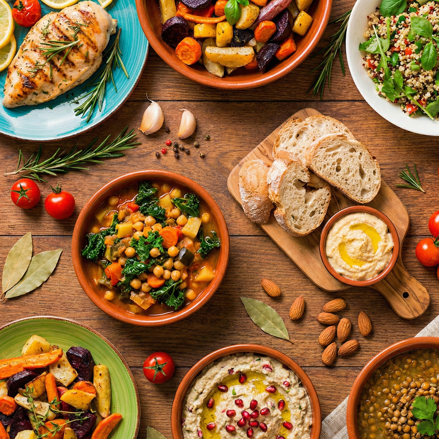 Fresh green herbs and salt-free spice blends on a wooden spoon, healthy cooking ingredients.