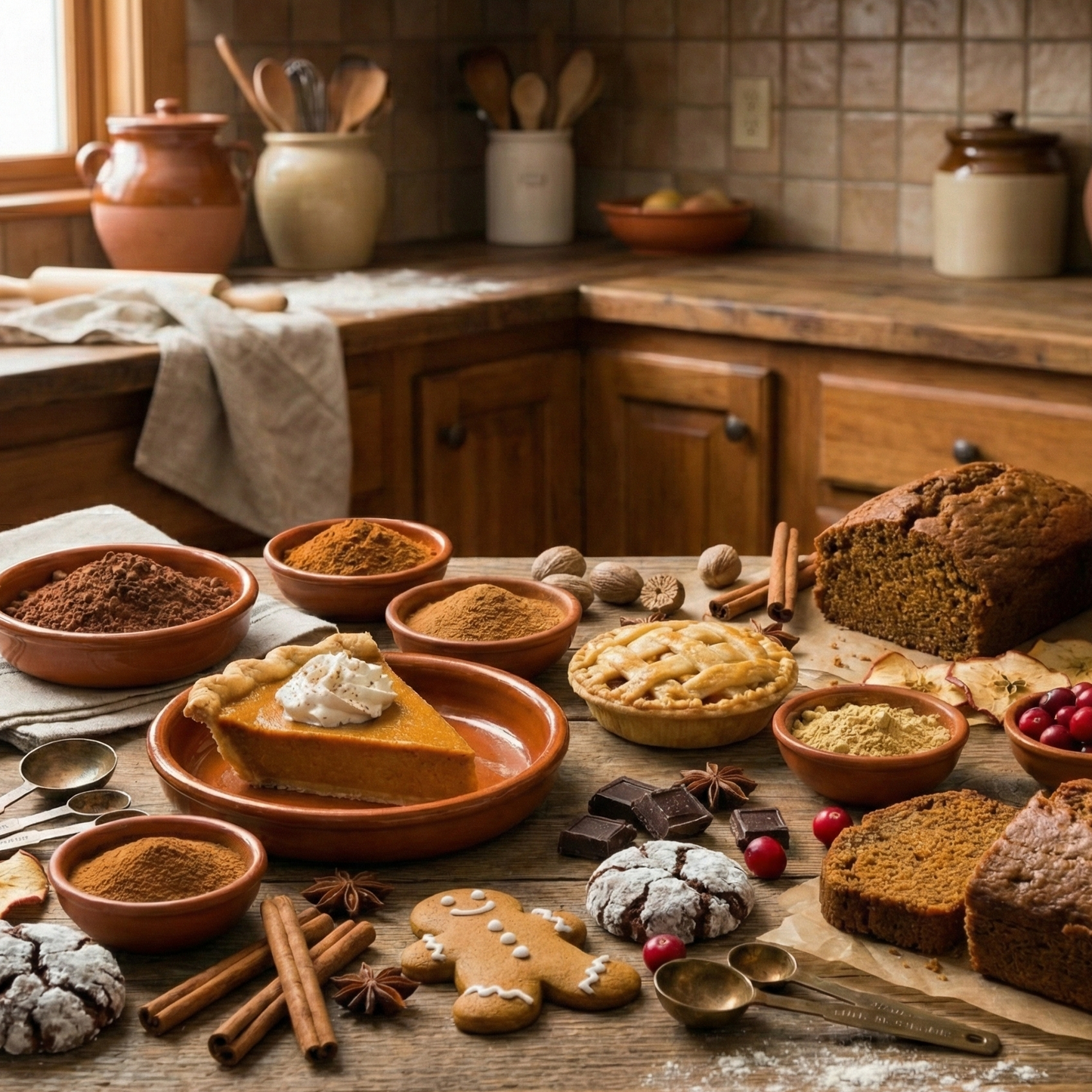 Cinnamon sticks, star anise, and cocoa powder for baking, cozy winter dessert ingredients.