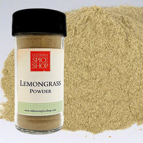 Jar of Old Town Spice Shop Lemongrass Powder with a pile of powder in the background.