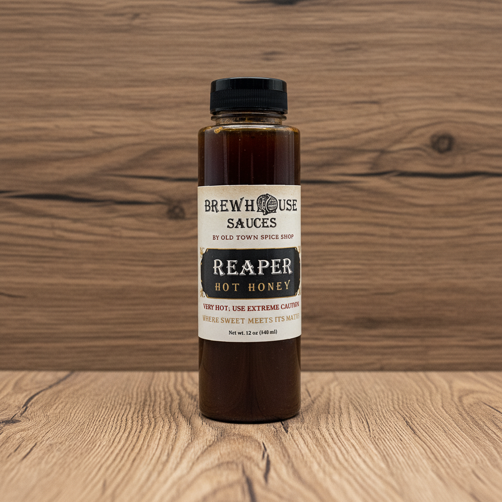 Bottle of Brew House Sauces Reaper Hot Honey on a white background