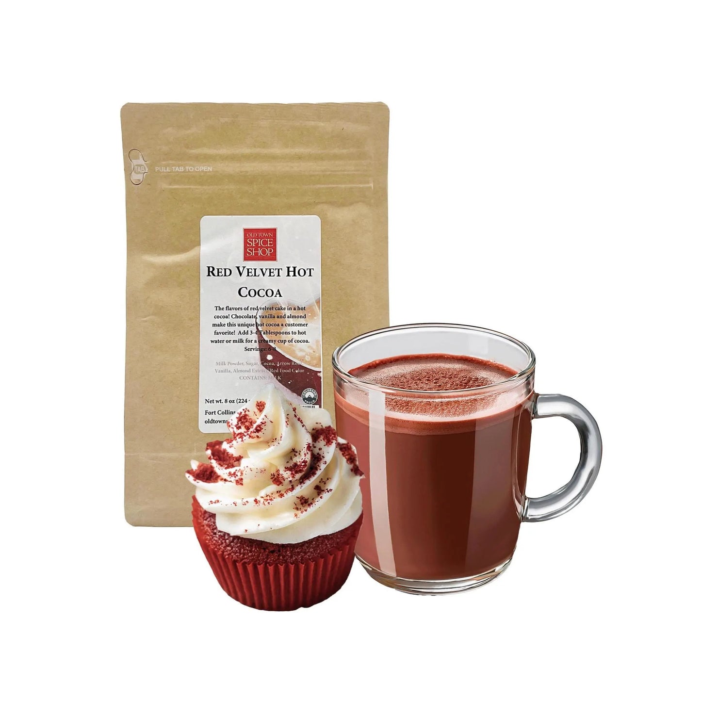 Red Velvet Hot Cocoa package, cup of hot cocoa, and red velvet cupcake on a white background
