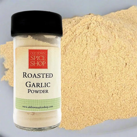 Bottle of Old Town Spice Shop Roasted Garlic Powder with a textured beige background