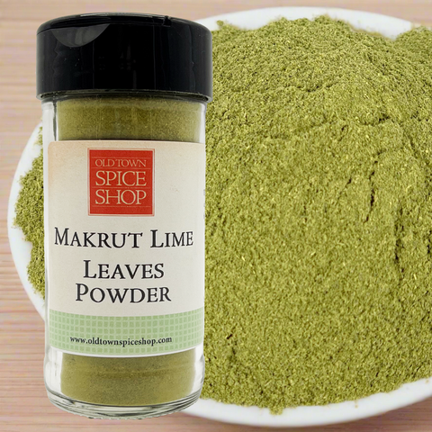 Makruth Lime Leaves Powder from Old Town Spice Shop with a jar and powder on a plate.