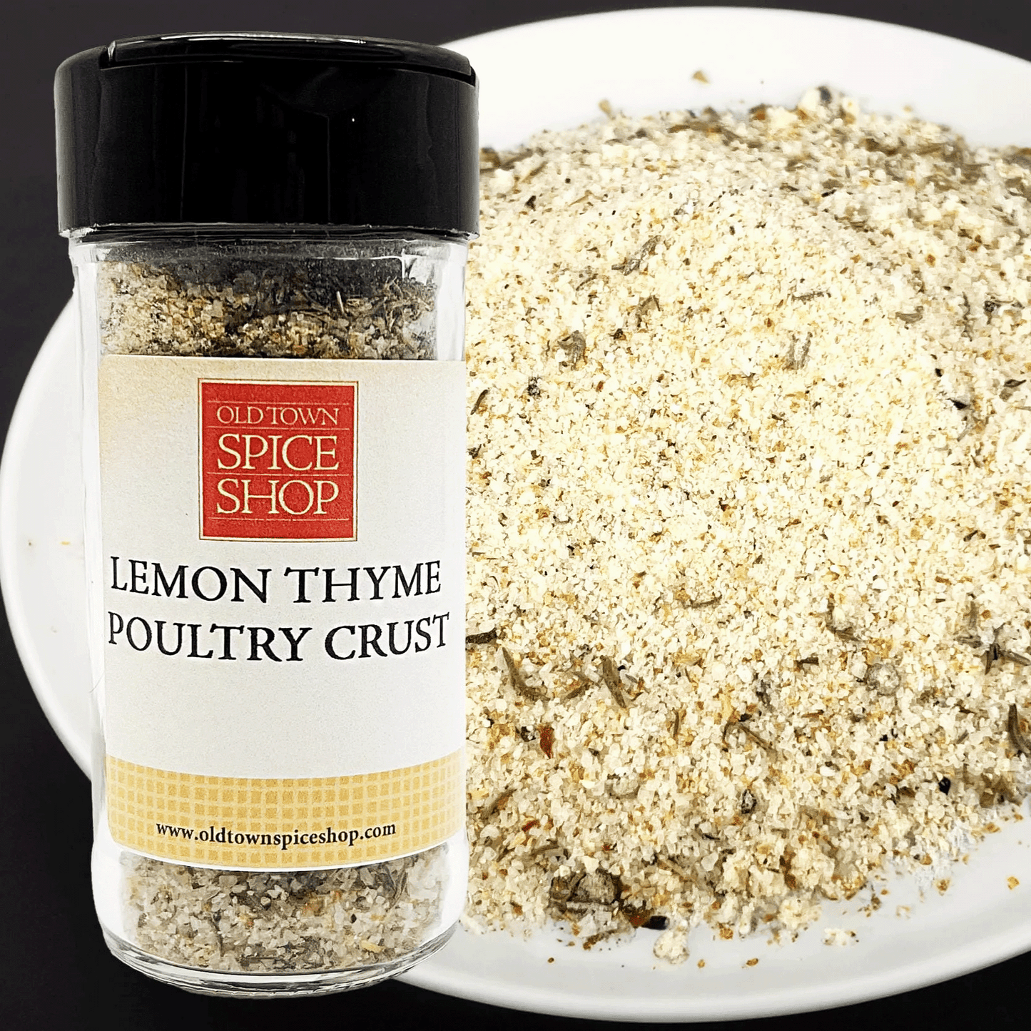 Jar of Old Town Spice Shop Lemon Thyme Poultry Crust next to a plate of the seasoning mix.