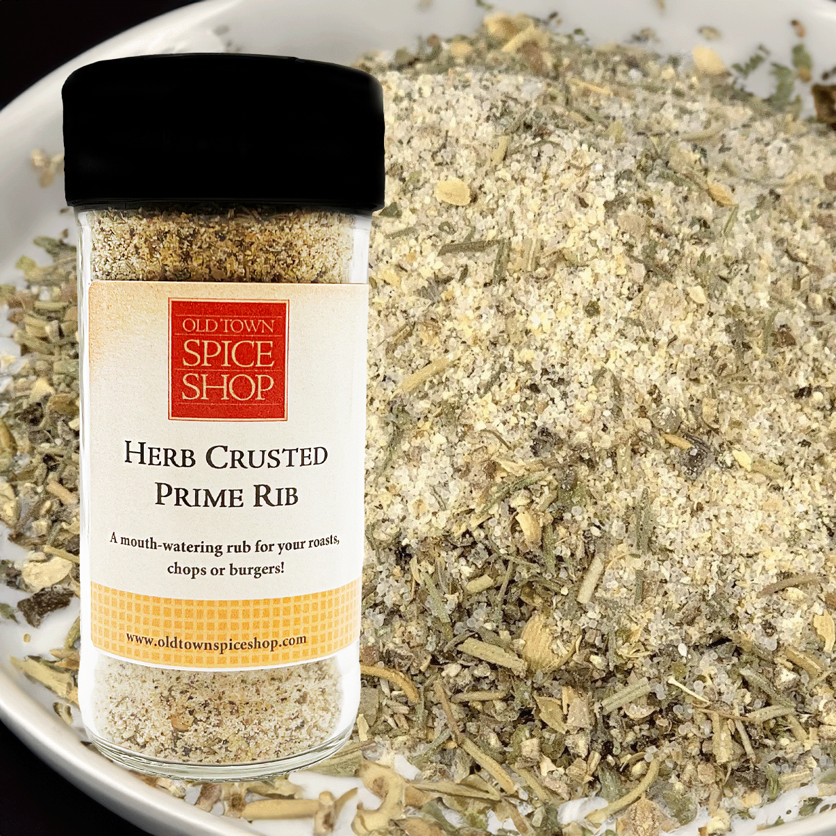 Herb crusted prime rib spice mix from Old Town Spice Shop with a jar of spices.
