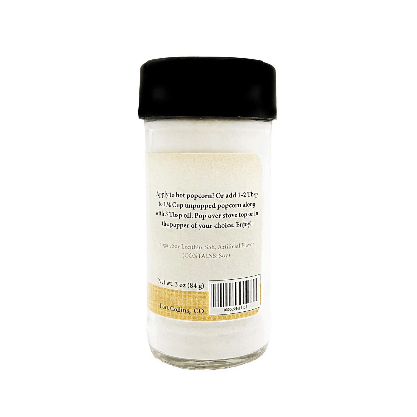 Jar of seasoning with a black lid on a white background