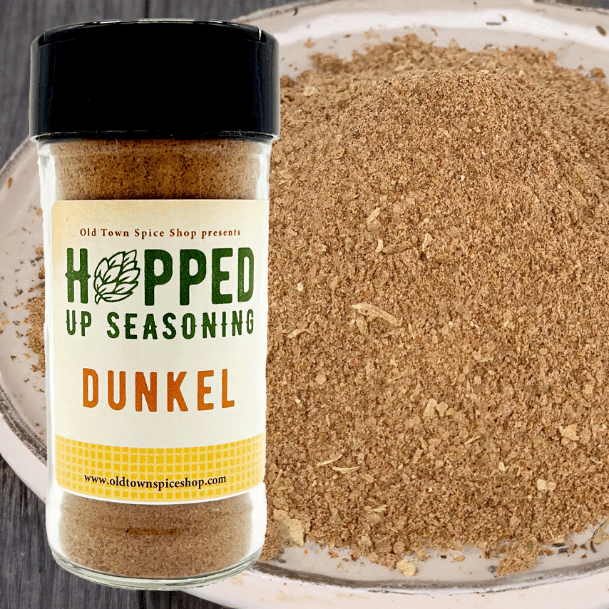 Jar of 'Hopped Up Seasoning Dunkel' with a close-up of the seasoning in the background.