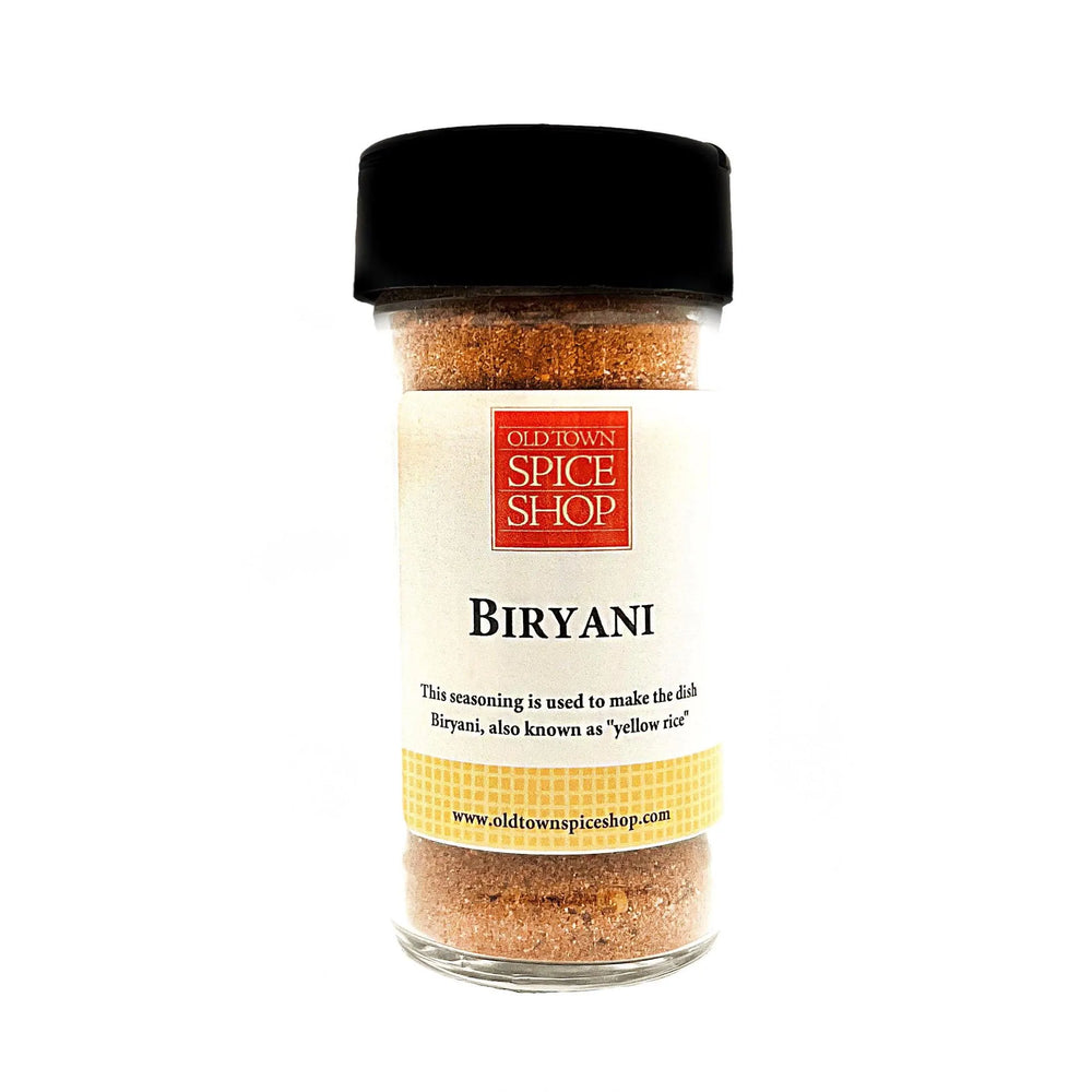 
                      
                        Spice jar labeled 'Biryani' from Old Town Spice Shop on a white background
                      
                    