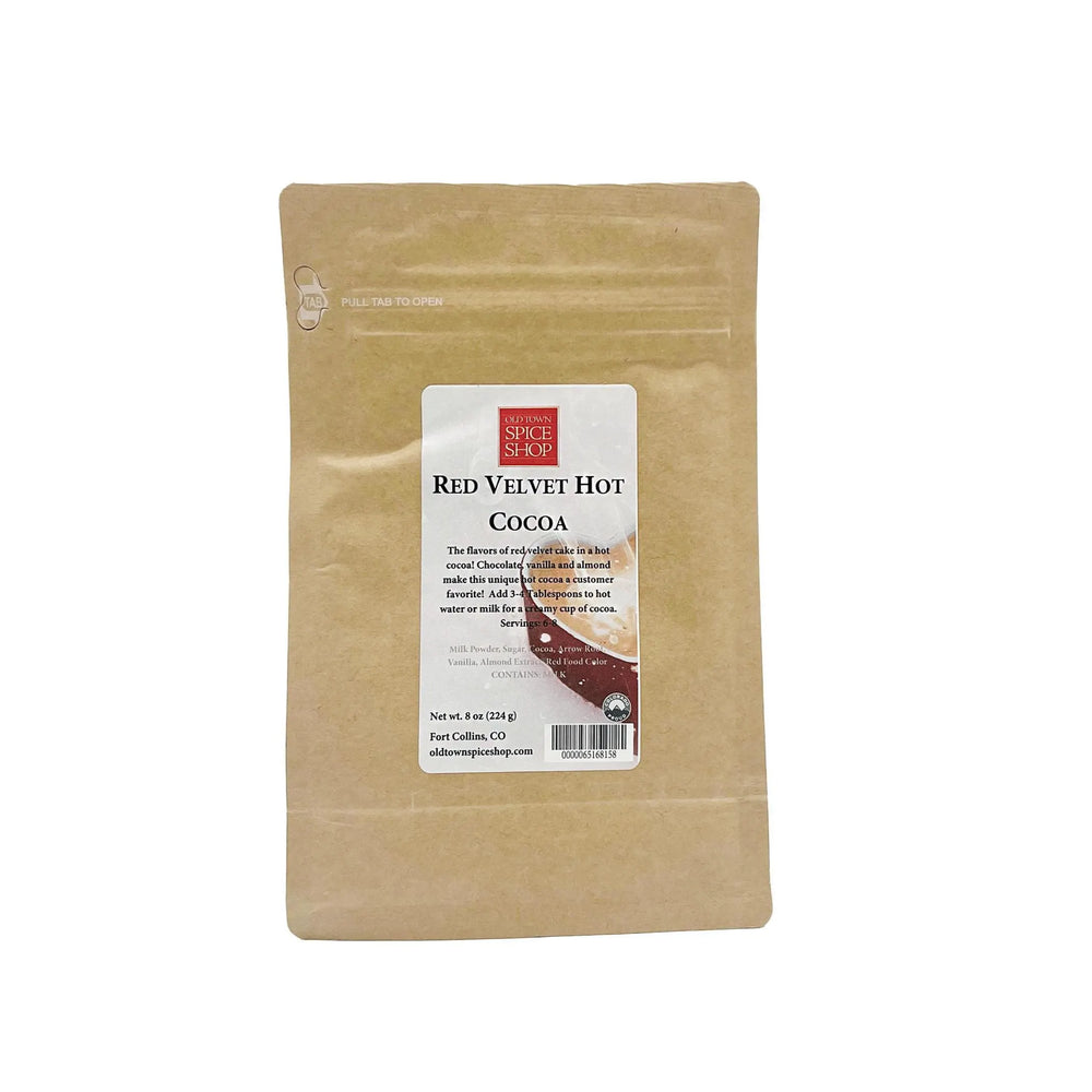 
                      
                        Kraft paper packaging of Red Velvet Hot Cocoa with a label on a white background
                      
                    
