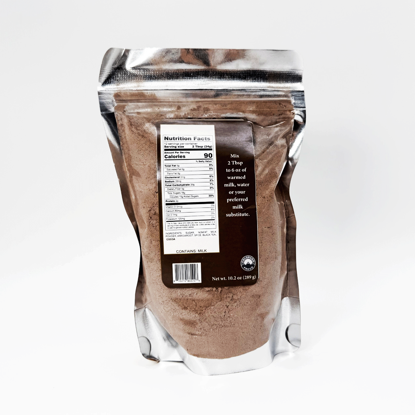 A stand-up resealable pouch of brown powder, likely milk protein powder, with a large front nutrition label and a dark brown side panel, photographed on a clean white studio background.