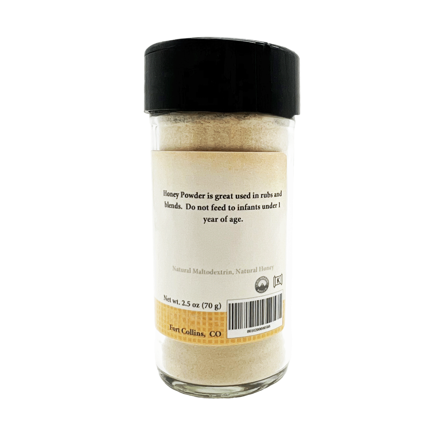 Jar of honey powder with a black lid on a white background