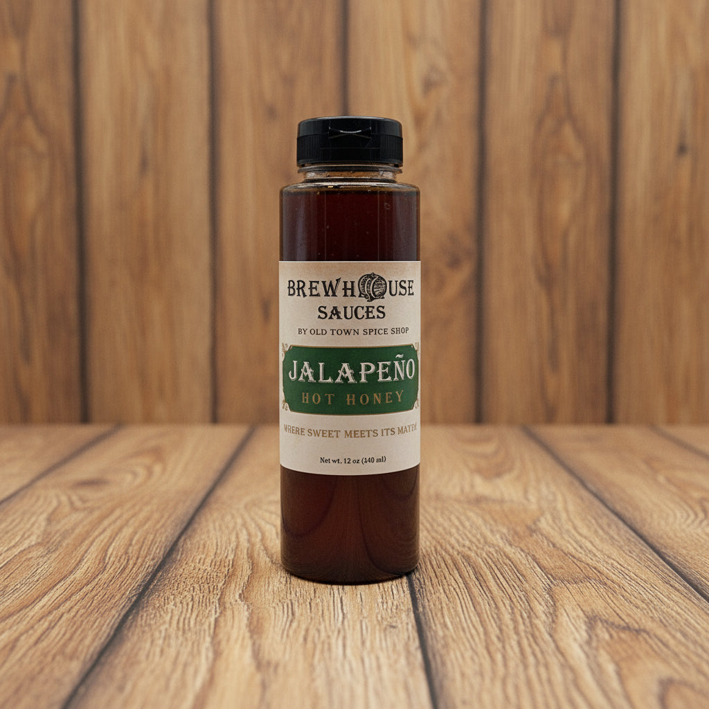 Bottle of BrewHouse Sauces Jalapeno Hot Honey on a wooden surface with a wooden background