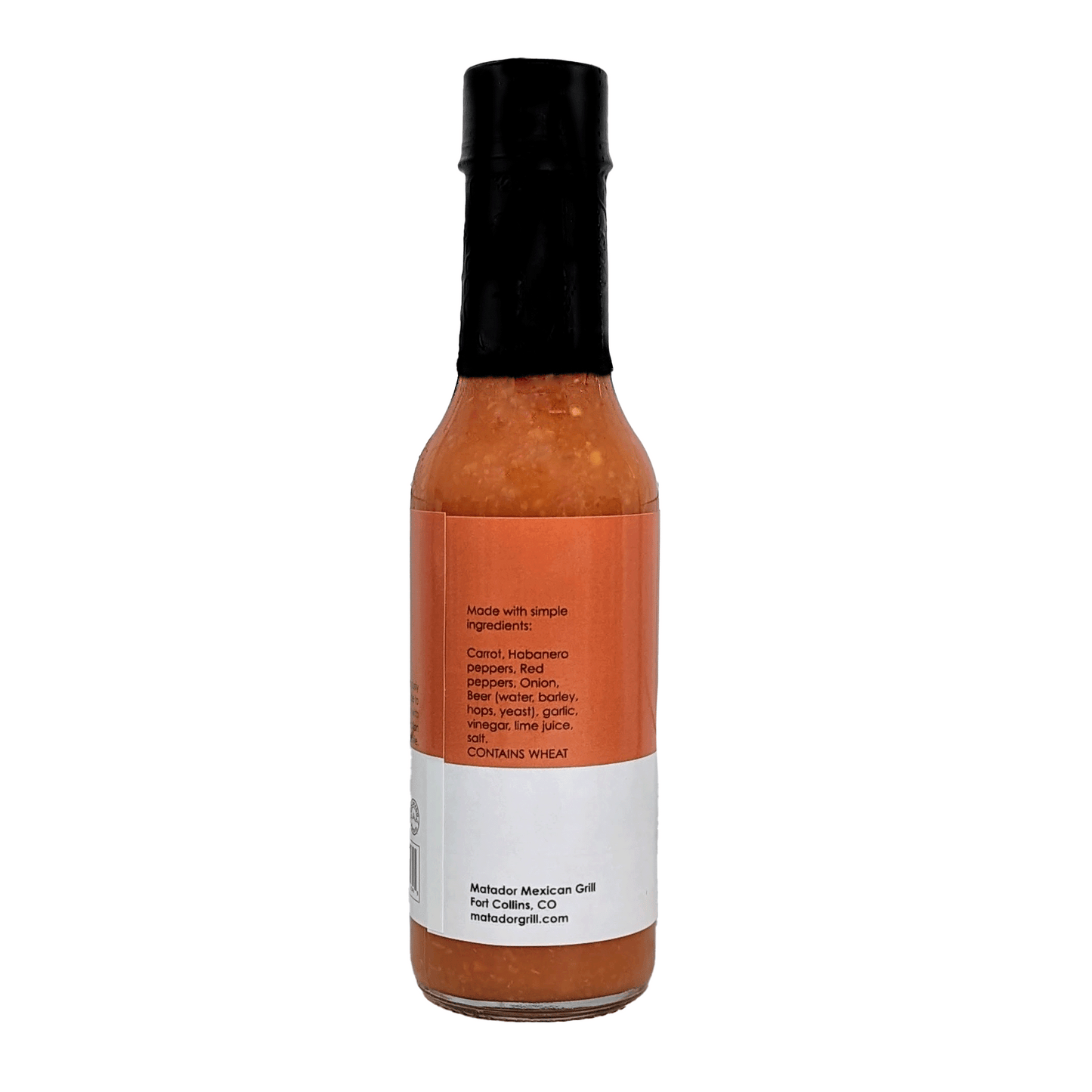 Hot sauce bottle with black cap and orange label on a white background