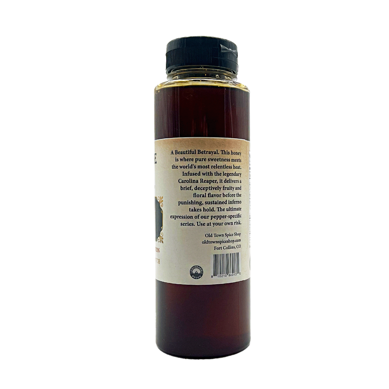Bottle of syrup with a label on a white background