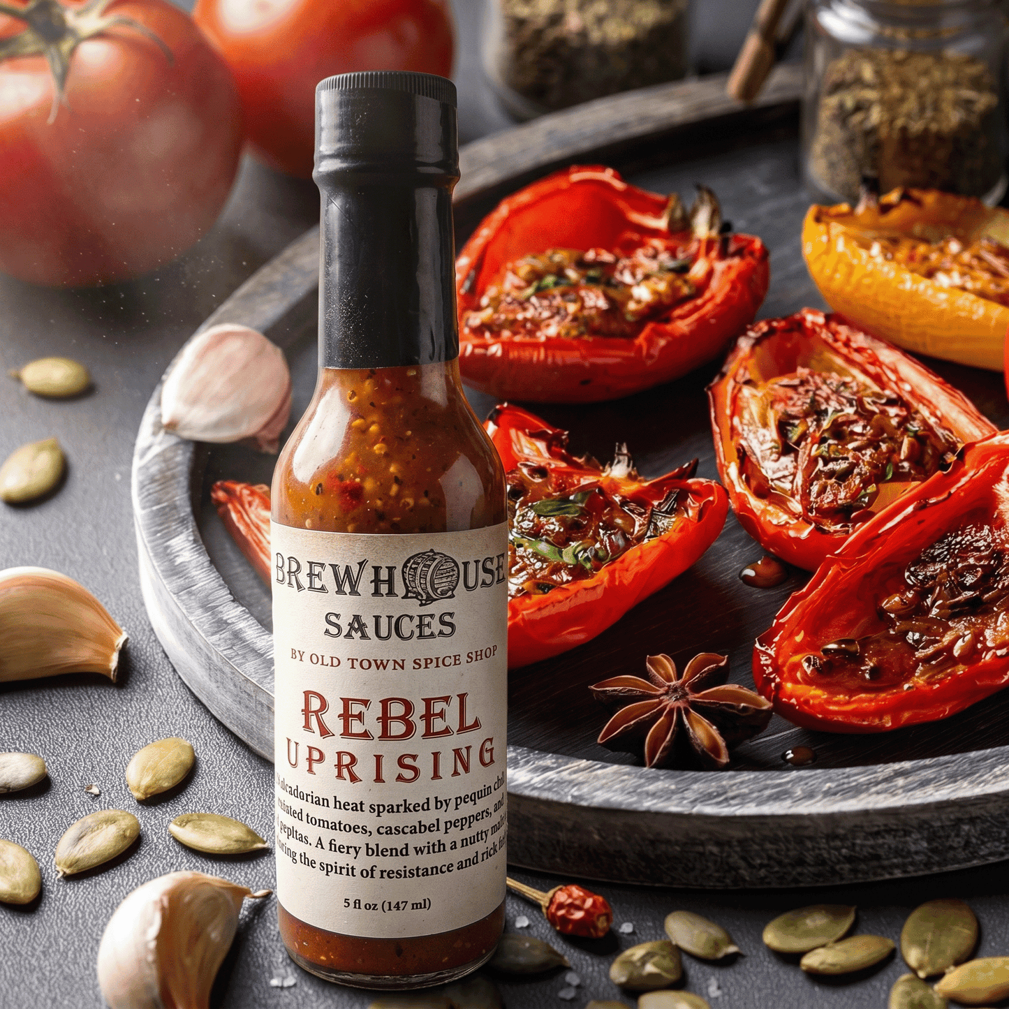 Bottle of BrewHouse Sauces Rebel Uprising with roasted tomatoes and spices on a dark surface