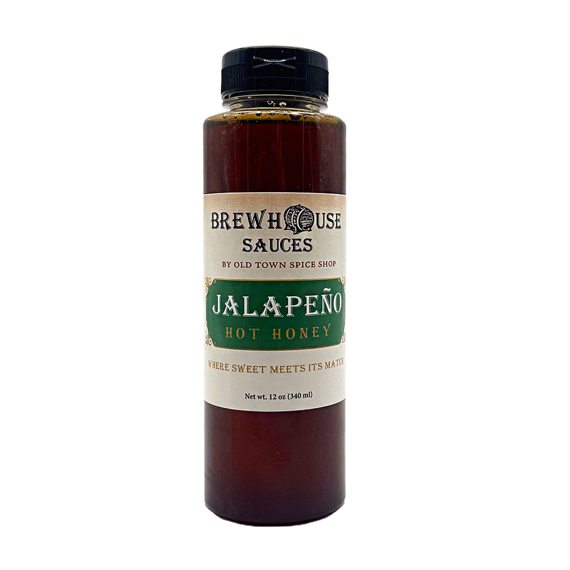 Bottle of BrewHouse Sauces Jalapeño Hot Honey on a white background