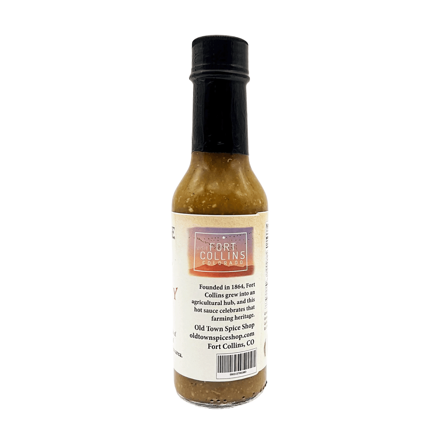 Bottle of Fort Collins hot sauce on a white background