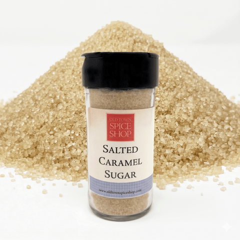 Salted Carmel Sugar in front of pile of salted caramel sugar
