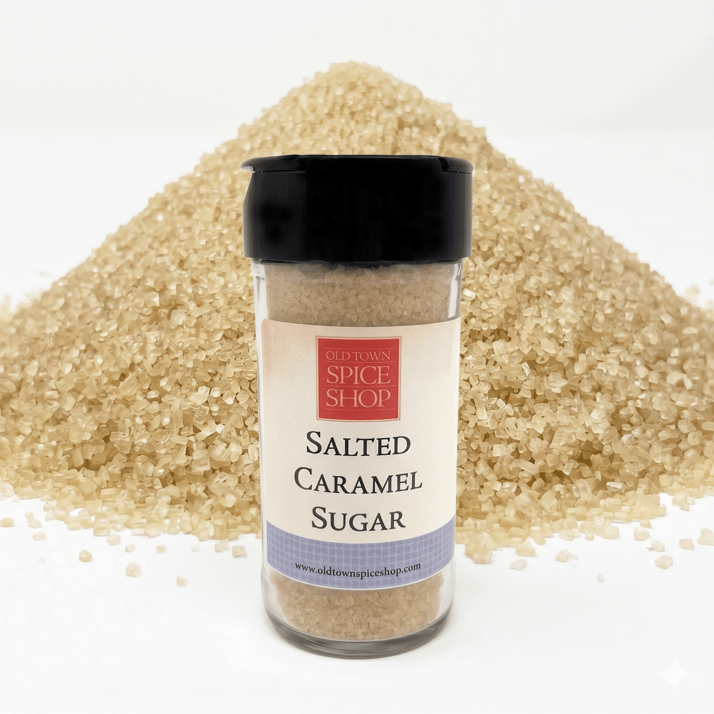 Salted Carmel Sugar in front of pile of salted caramel sugar