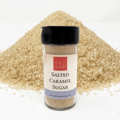 Salted Carmel Sugar in front of pile of salted caramel sugar