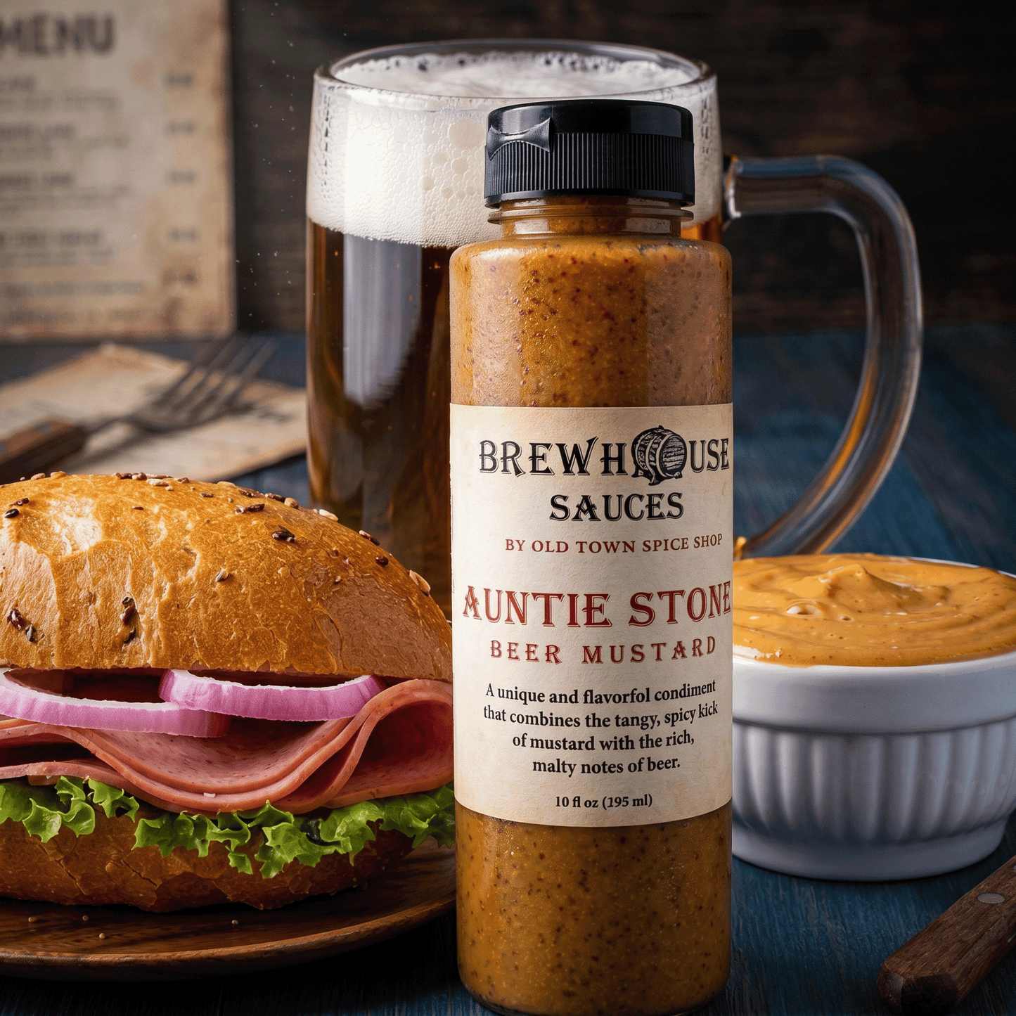 Bottle of Auntie Stone Beer Mustard with a sandwich and beer mug in the background