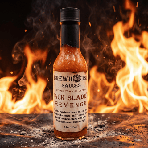 Bottle of Brewhous Sauces Jack Slade's Revenge in front of flames