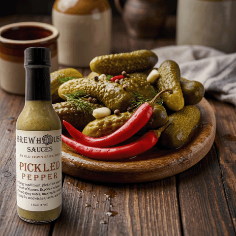 Bottle of Brewhouse Sauces Pickled Pepper on a wooden table with pickles and peppers.