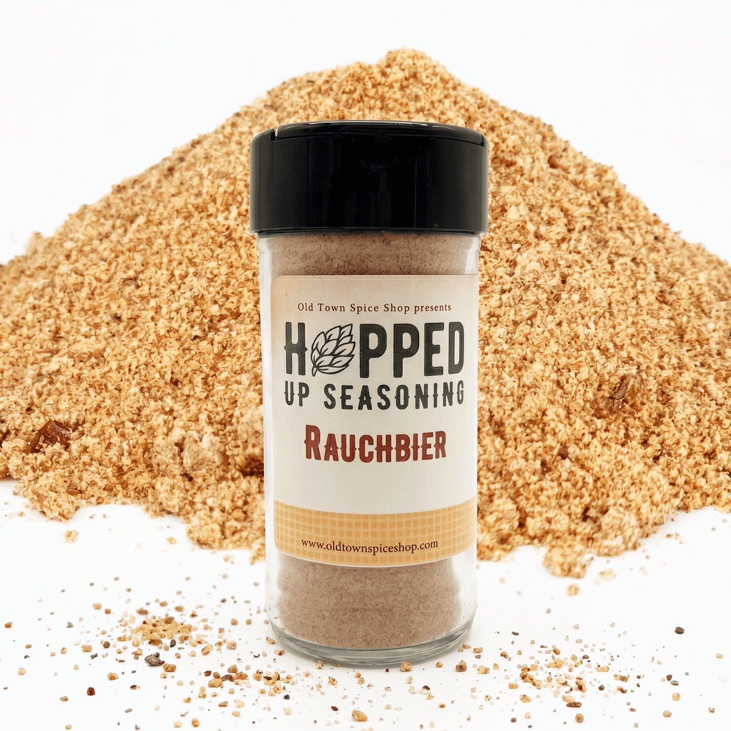Jar of 'Hopped Up Seasoning Rauchbier' with a pile of seasoning in the background