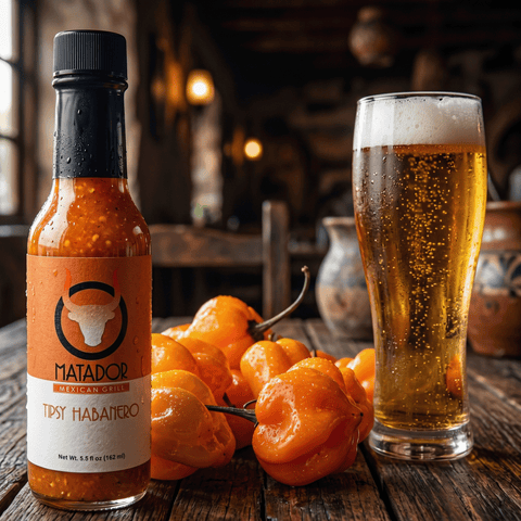 Bottle of Matador hot sauce with habanero peppers and a glass of beer on a wooden table.