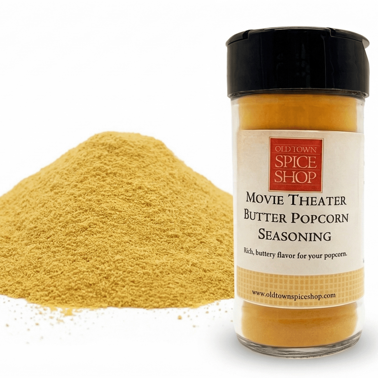 Movie theater butter popcorn seasoning container with yellow powder on a white background