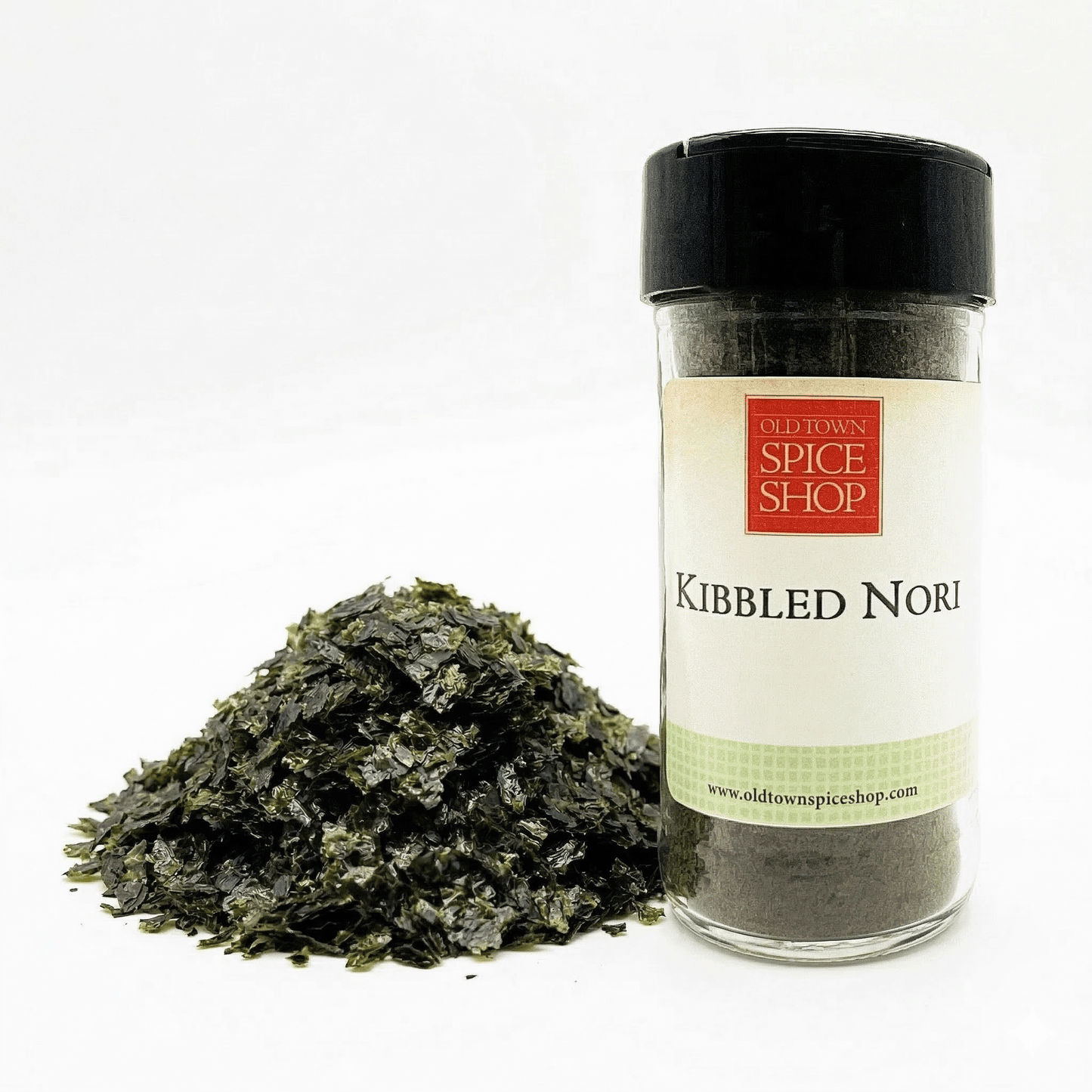 Bottle of Old Town Spice Shop Kibbled Nori with nori flakes on a white background