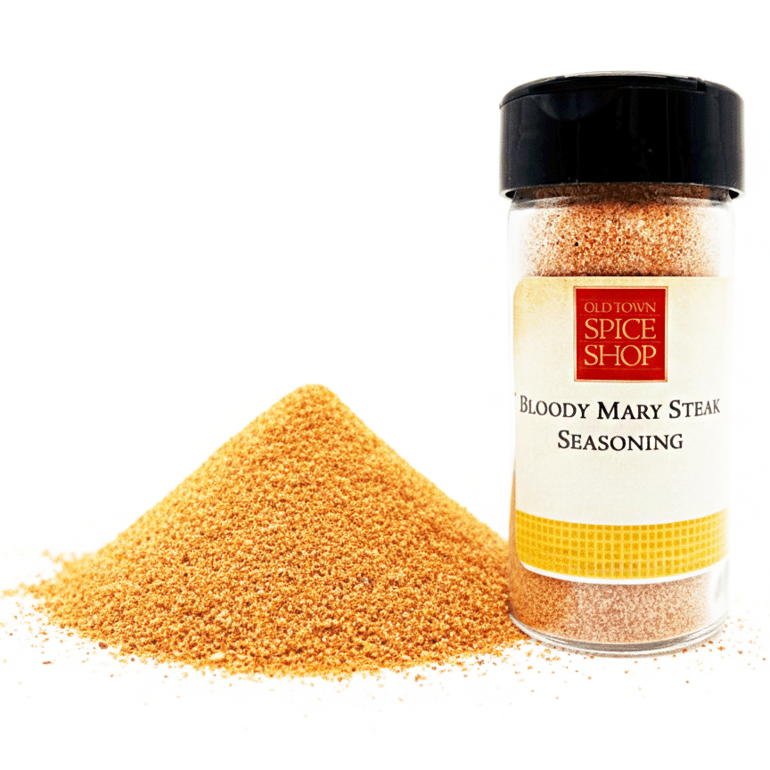 Bottle of Old Town Spice Shop Bloody Mary Steak Seasoning with spilled seasoning on a white background