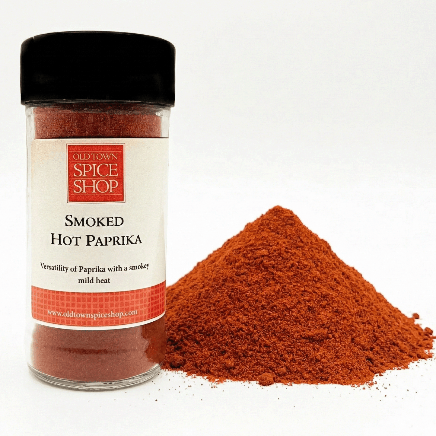 Jar of Old Town Spice Shop Smoked Hot Paprika with paprika powder on a white background
