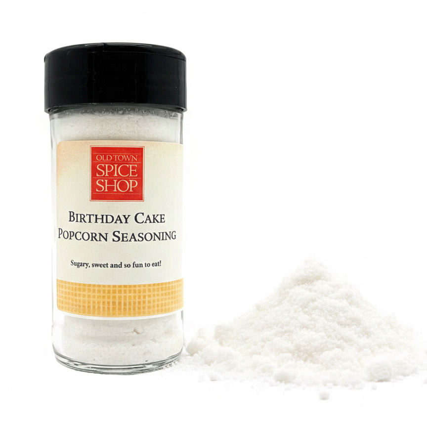 Jar of Old Town Spice Shop Birthday Cake Popcorn Seasoning on a white background