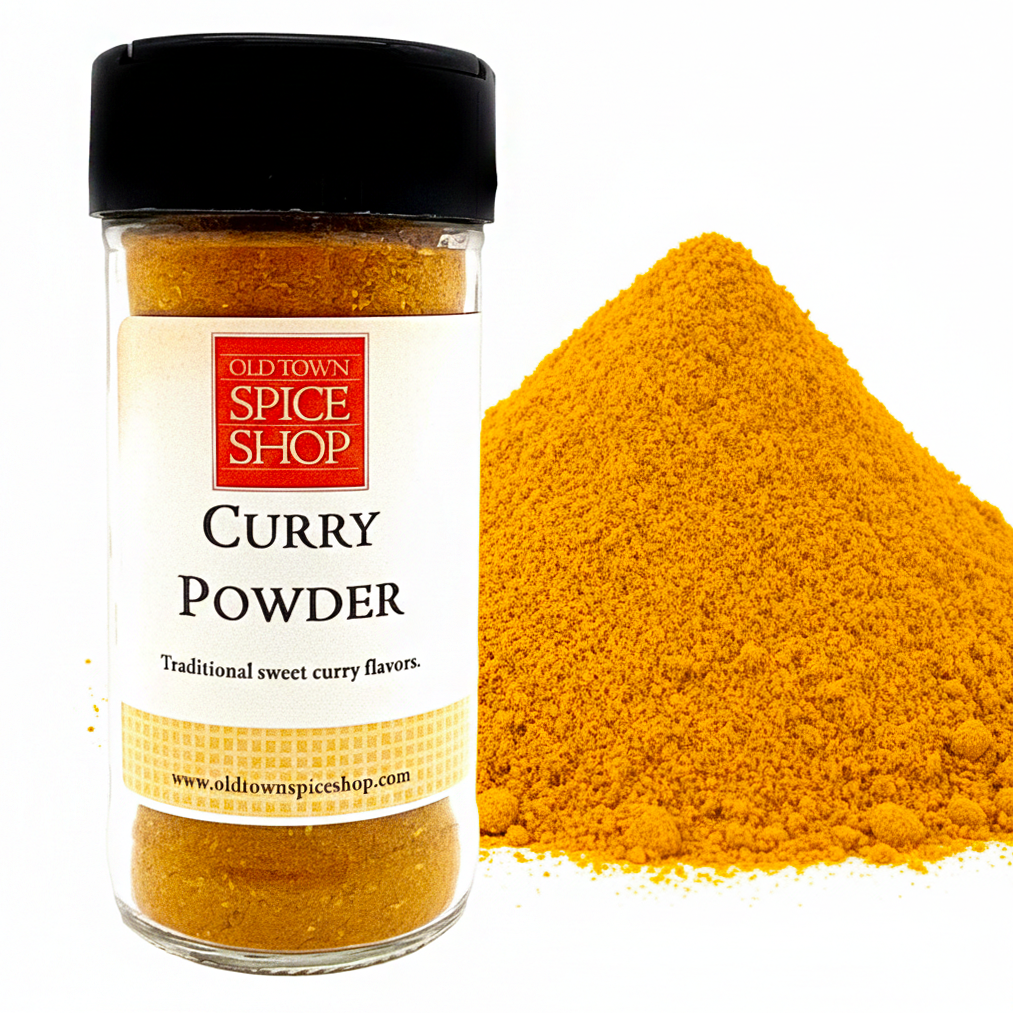 Jar of Old Town Spice Shop Curry Powder with a white background