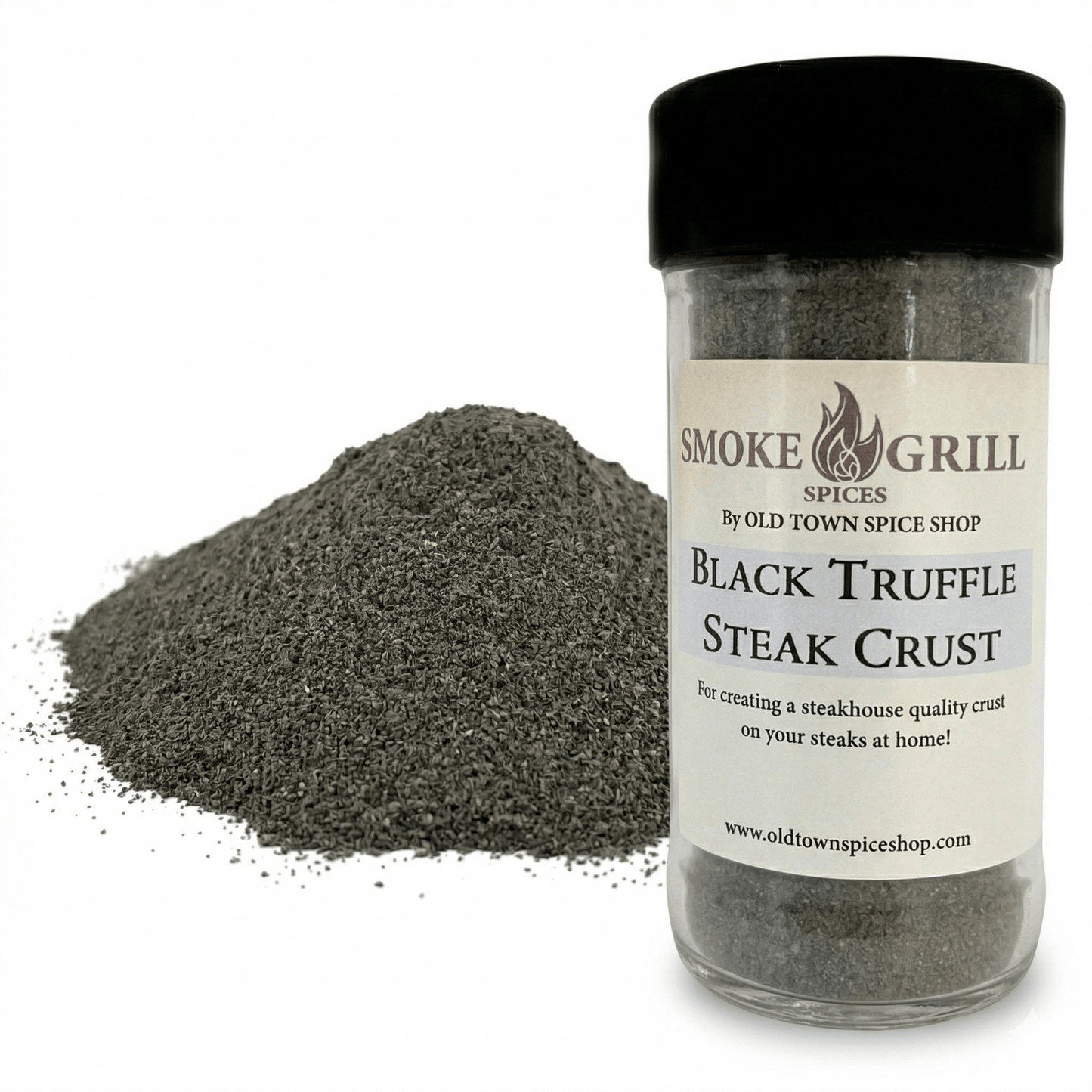 Jar of Black Truffle Steak Crust spice mix with a black lid on a white background