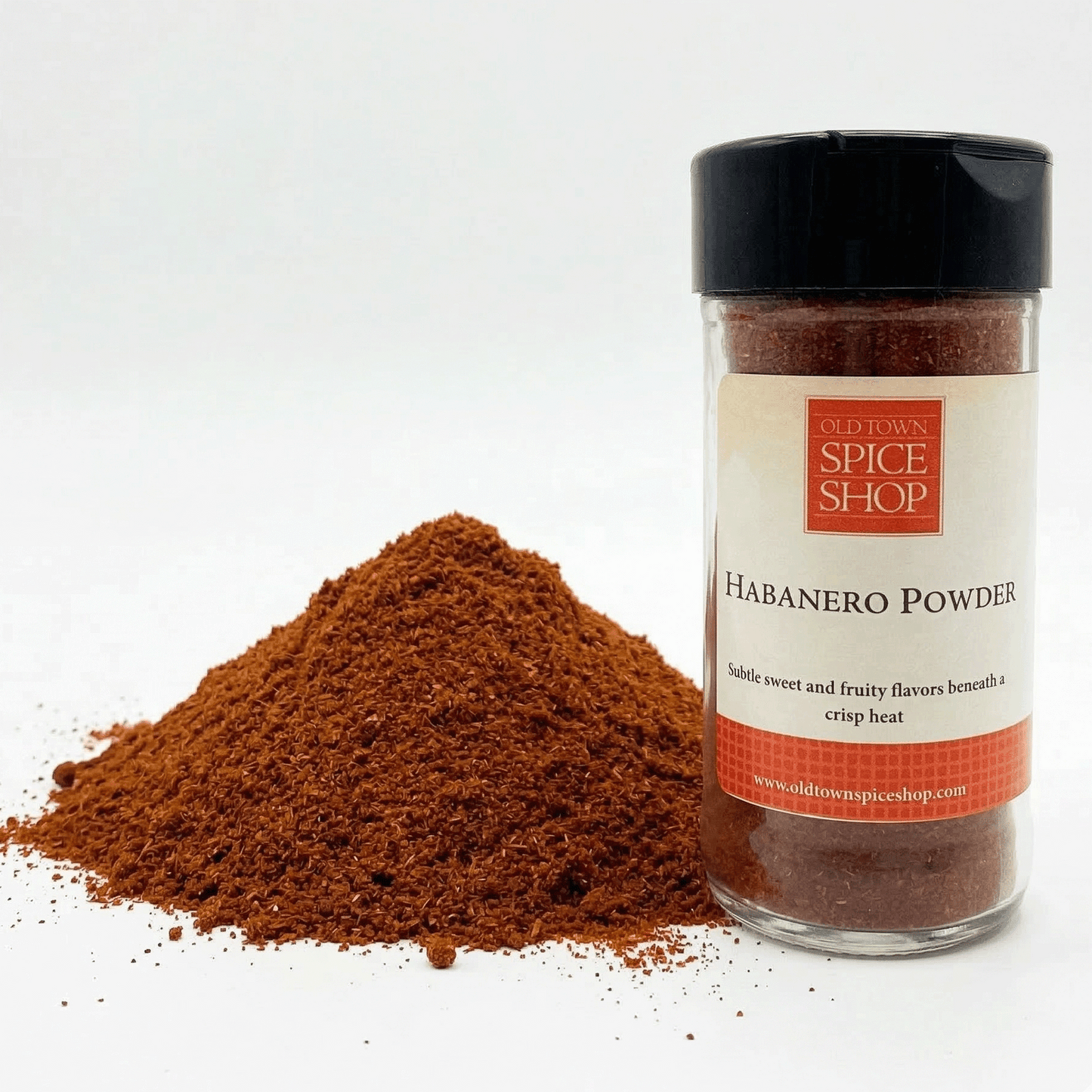 Habanero powder with a jar from Old Town Spice Shop on a white background