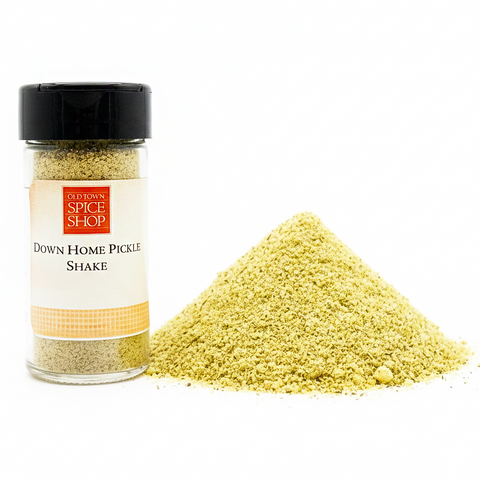 Spice jar labeled 'Down Home Pickle Shake' from Old Town Spice Shop with a white background