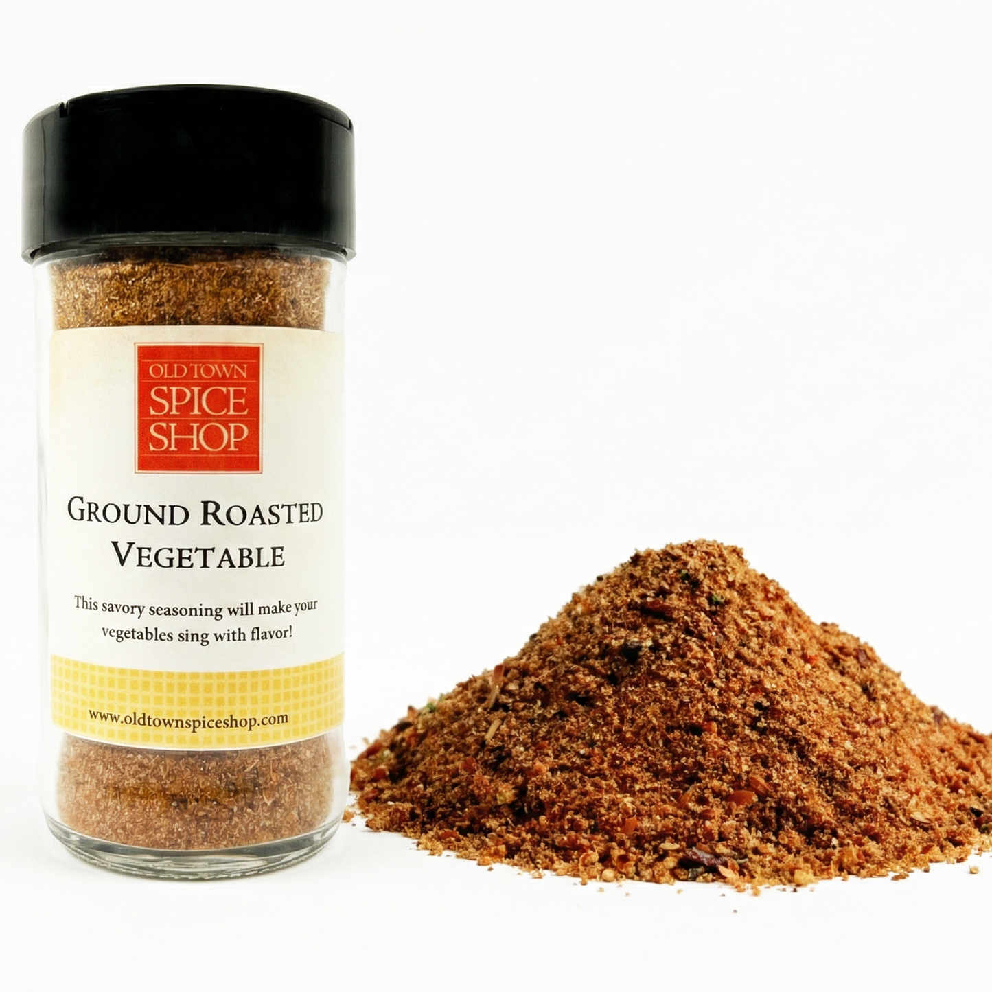 Spice jar labeled 'Ground Roasted Vegetable' from Old Town Spice Shop with a white background