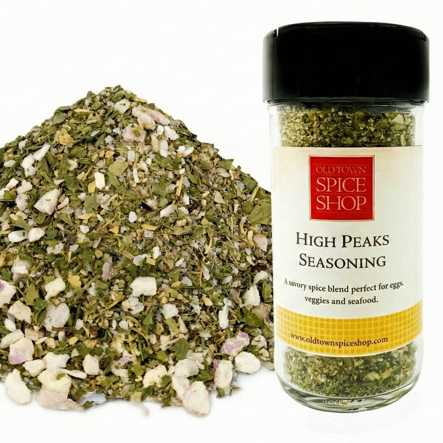 High Peaks seasoning blend in a jar with visible spices on a white background