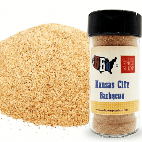 Jar of Kansas City Barbecue spice blend with visible spice powder on a white background