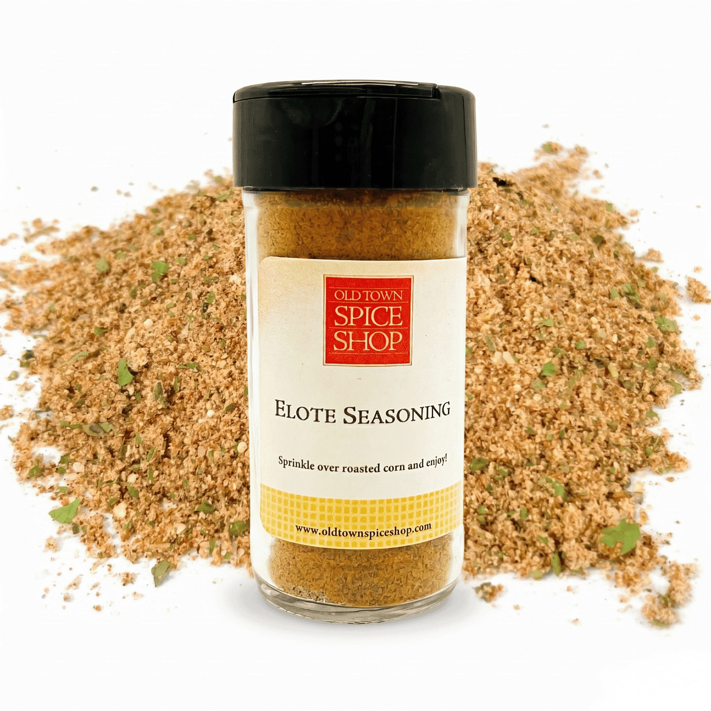 Jar of Old Town Spice Shop Elote Seasoning with scattered seasoning on a white background